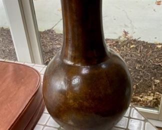 Lot 3159.  $80.00.  Mexican Pottery Vase, Tall and Brown with beautiful lines.  Terracotta Hecho en Mexico, 12" dia x 23" tall