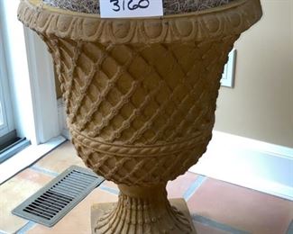 Lot 3160. $160.00.   Beautiful Faux Palm in Pedestal Composite Urn, really very nice! 7' tall x 4' wide
Pot: 19" diameter x 25" H
