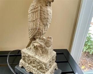 Lot 3162. $160.00. Composite Parrot Lamp (shown without the shade here)  The lamp has a brand new shade in a previous photo, purchased at O'Brien the Florist for $175.00 and $250.00 on Lamp Shade.  Time for Margaritaville, all you Jimmy Buffet Parrot Heads!!