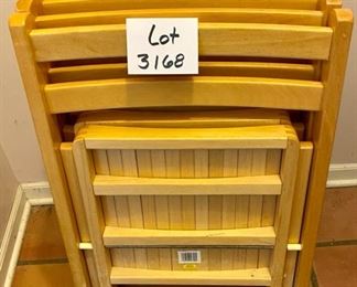 Lot 3168. $250.00  Set of 10 wood folding chairs with red cushions 30" to back x 19" to seat x14" D  x 14" W