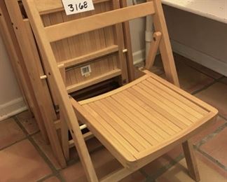 Lot 3168. $250.00  Set of 10 wood folding chairs with red cushions 30" to back x 19" to seat x14" D  x 14" W