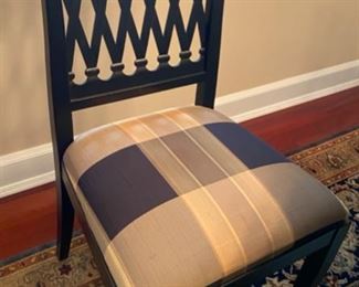 Lot 3173. $2,600.00 Fabulous Remi Lugano Limestone table with custom beveled glass top and 6 "Emerson et Cie" Dining Chairs.   (The Company's name had its origin in the French tradition of adding "et Cie" to indicate a family-owned business,  and this six-generation company moved to High Point, NC.  to take advantage of the skilled labor force for furniture building.)  The owner paid $2,350  for the table alone, an additional $1,000 for the custom cut beveled glass)  and the six chairs with custom upholstery were no doubt a fortune, as nothing from Emerson et Cie is cheap!  The table measures 58" round x 30"H; Chairs: 37"H to back, 21"W x 19"D x 20" H to seat.   You will need to have professionals move it for you.  The table is in two pieces plus the glass. 