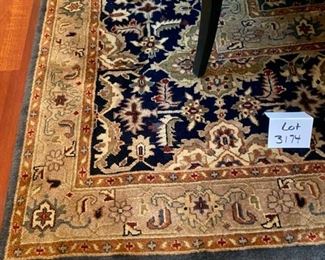 Lot 3174.  $495.00   Beautiful 100% genuine wool pile rug by the Kalaty Rug Co. "Shangi-La Collection"   in excellent condition, 8' x 8 ' .  Made in India by K.R.C. New York. Rug colors are Red, Blue, Cream and Grays. This rug won't be sold until Table is Sold, for obvious reasons!