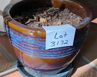 Lot 3172. $32.00 Glazed blue and brown planter with saucer	14.5" Diameter  x 11.5"H	Gorgeous.