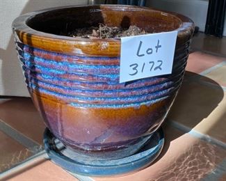 Lot 3172. $32.00 Glazed blue and brown planter with saucer	14.5" Diameter  x 11.5"H	Gorgeous.