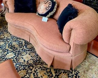 Lot 3175. 	$650.00 C.R. Laine in Hickory, N.C. Kidney Shaped Sofa was $2000 new! In a heathered rust color. 92"w 48"d x 35"t 18" seat height. This room is typically very sunny, and the tops of the sofa are a tad faded, but not problematic.  