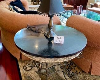 Lot 3178.$625.00    Black Marble Round End Table, Interesting.   Imported from Italy and owners paid a ton when purchased.            32" round x 30" high 	
