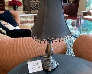 Lot 3179. $40.00  Sweet little lamp w/black beaded lampshade 22"H 		