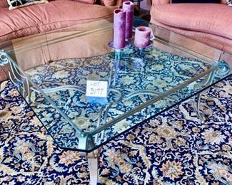 Lot 3177. $475.00 Glass Coffee Table w/beveled glass and Silver Wrought Iron Base	Looks like a LaBarge table but we can't find a mark.  48" x 48" x 20" H. Can we talk about the glass of this table and how heavy it is? Oh boy, what a fab piece! 
