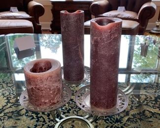 Lot 3180. $28.00  3 Used candles on cute brass plates. 		