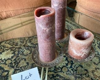 Lot 3180. $28.00  3 Used candles on cute brass plates. 		