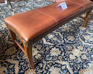 Lot 3181. $150.00  American Drew Leather Bench, has been repaired after a 300 lb. relative sat on it and broke it!  Poor guy.   You may want to reinforce the repair because the bench is gorgeous and great for extra seating.  52"W x 16"D x 19"H.  We priced as is.  