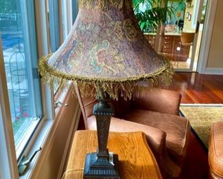  Lot 3185.  $125.00   Beautiful Metal Lamp with a fringed tapestry shade, from Walter E Smithe  34"tall	