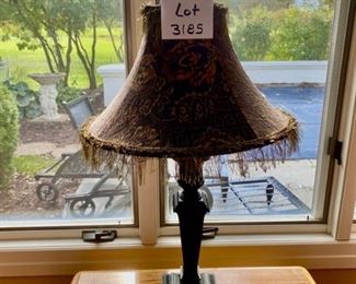 Lot 3185.  $125.00   Beautiful Metal Lamp with a fringed tapestry shade, from Walter E Smithe  34"tall	
