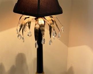Lot 3198. $75.00  Black and Gold stick lamp with palm details and crystals! 	10" Diameter x 34"H	