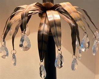 Lot 3198. $75.00  Black and Gold stick lamp with palm details and crystals! 	10" Diameter x 34"H	 Those crystals really pick up the light btw!