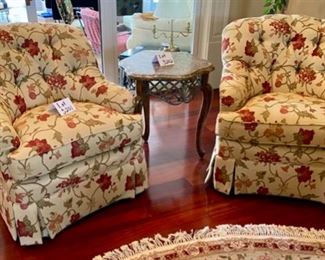Lot 3201. $1,100.00/pr or $600.00/Each:  2 Floral Club Chairs (Southern Living for Lexington Home Brands)	32"W x 36"D x 35"H, seat depth 19" and height 20". Very comfortable chairs!  Paid over $1250.00 ea	 Perfect fall colors, too!