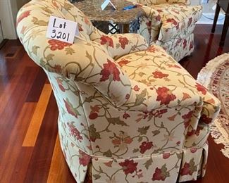 Lot 3201. $1,100.00/pr or $600.00/Each:  2 Floral Club Chairs (Southern Living for Lexington Home Brands)	32"W x 36"D x 35"H, seat depth 19" and height 20". Very comfortable chairs!  Paid over $1250.00 ea	 Perfect fall colors, too!