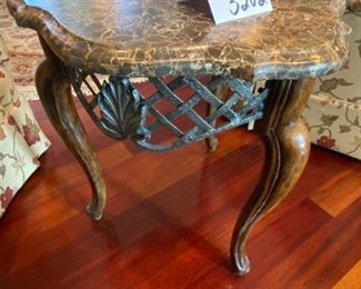 Lot 3202. $250.00  Chair-side Table with Antique Royal Marble Stone Top with 3 Wood Legs 22"W x 24"D x 26"H	