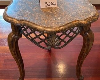 Lot 3202. $250.00  Chair-side Table with Antique Royal Marble Stone Top with 3 Wood Legs 22"W x 24"D x 26"H	