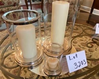 Lot 3203. $85.00 Set of 3 Hurricane Lamps hand made in Poland, silver trim w/candles.  From Restoration Hardware. 6.5 Diameter x 12"H; 5.5" Diameter x 9"H; 3" Diameter  x 4.5"H		  So Nice!!