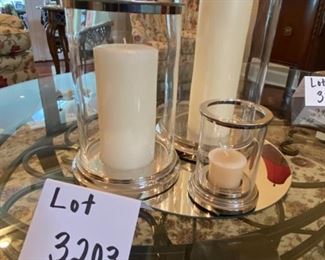 Lot 3203. $85.00 Set of 3 Hurricane Lamps hand made in Poland, silver trim w/candles.  From Restoration Hardware. 6.5 Diameter x 12"H; 5.5" Diameter x 9"H; 3" Diameter  x 4.5"H		  So Nice!!