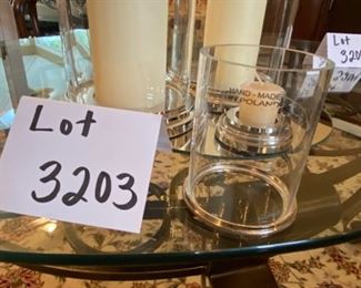 Lot 3203. $85.00 Set of 3 Hurricane Lamps hand made in Poland, silver trim w/candles.  From Restoration Hardware. 6.5 Diameter x 12"H; 5.5" Diameter x 9"H; 3" Diameter  x 4.5"H		  So Nice!!