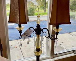 Lot 3187. $180.00 Beautiful Floor Lamp w/dual lampshades and hanging crystals. Catches light beautifully! From Strawflower Shoppe.	64"H x 21"W	