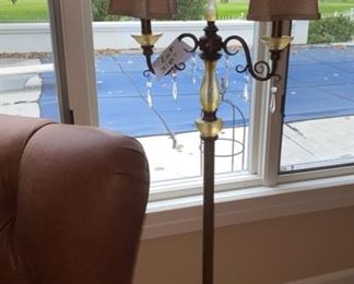 Lot 3187. $180.00 Beautiful Floor Lamp w/dual lampshades and hanging crystals. Catches light beautifully! From Strawflower Shoppe.	64"H x 21"W	