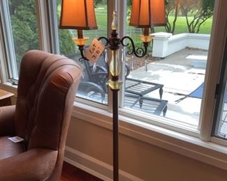 Lot 3187. $180.00 Beautiful Floor Lamp w/dual lampshades and hanging crystals. Catches light beautifully! From Strawflower Shoppe.	64"H x 21"W	
