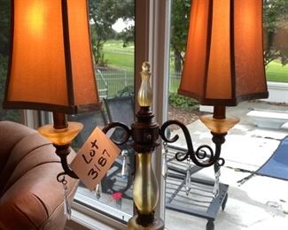 Lot 3187. $180.00 Beautiful Floor Lamp w/dual lampshades and hanging crystals. Catches light beautifully! From Strawflower Shoppe.	64"H x 21"W	