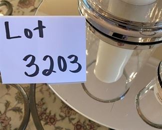 Lot 3203. $85.00 Set of 3 Hurricane Lamps hand made in Poland, silver trim w/candles.  From Restoration Hardware. 6.5 Diameter x 12"H; 5.5" Diameter x 9"H; 3" Diameter  x 4.5"H		  So Nice!!