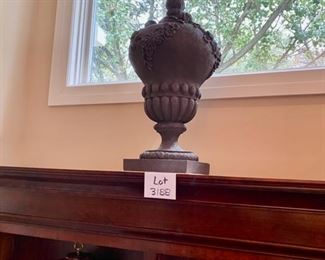 Lot 3188. $150.00.   Decorative Gray Stone Urn with lovely details.  Very Heavy!  10" x 10" base, 30"H	