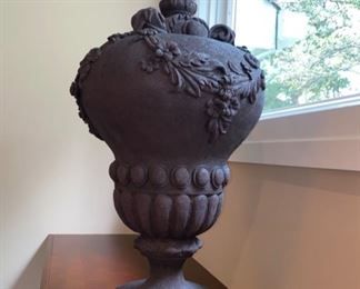 Lot 3188. $150.00.   Decorative Gray Stone Urn with lovely details.  Very Heavy!  10" x 10" base, 30"H	