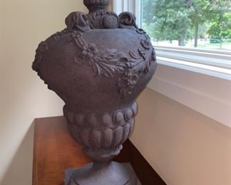 Lot 3188. $150.00. Decorative Gray Stone Urn with lovely details.  Very Heavy!  10" x 10" base, 30"H	