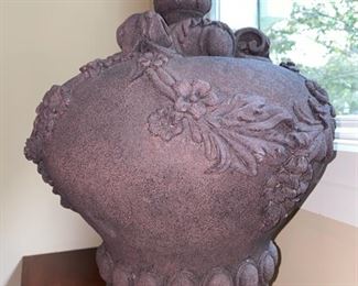 Lot 3188. $150.00. Decorative Gray Stone Urn with lovely details.  Very Heavy!  10" x 10" base, 30"H	