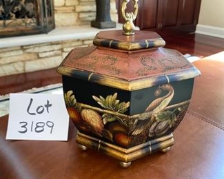 Lot 3189.  $60.00 Raymond Waites Toyo Trading Co. Decorative Lidded Dish (paid $122). These Raymond Waites pieces would class up any space!  Just beautiful! Coordinates with Lot 3194. 	10"H  x 8"Diameter	
