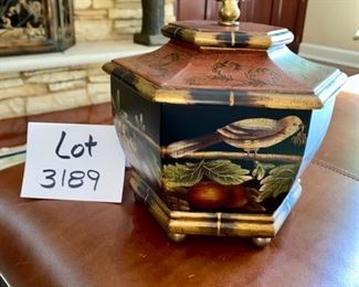 Lot 3189.  $60.00 Raymond Waites Toyo Trading Co. Decorative Lidded Dish (paid $122). These Raymond Waites pieces would class up any space!  Just beautiful! Coordinates with Lot 3194. 	10"H  x 8"Diameter	