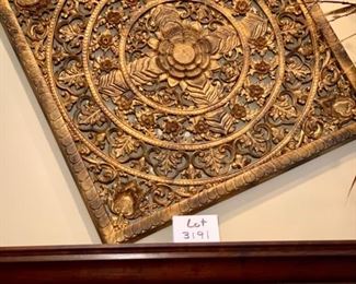 Lot 3191 $180.00. LARGE Decorative Composite Wall Plaque approximately 52" Square Roughly! Intricate design, wonderful texture, doesn't weigh a ton, nice and light. 	Also an excellent design piece for a too-tall ceiling, or a stairway that needs something special.  I could find a hundred uses for this piece in my home, so you better hurry and buy it!  You'll be glad you did.  