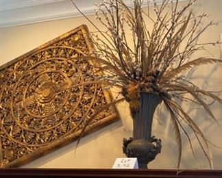 Lot 3192. $175.00  Floral Design w/pussy willows and feathers! Makes a terrific statement. The owners have this on the fireplace, but it would look just as stately on a stand or even on the floor or the fireplace hearth.  Roughly 65" H.   As an aside, my daughter (who works with us) was about 4 years old and apparently unbeknownst to us, stuck a pussy willow up her nose.  Honest to goodness, we had no idea until it started sprouting!  We had to take her to the doctor to have it removed and when asked why she put it up her nose, she replied, "Because it was soft."  I know, TMI, but I can't stop thinking of this event when I see pussy willows, lol! This piece is really stunning with feathers and more.  SAID DAUGHTER DOES NOT APPROVE OF THIS CAPTION!