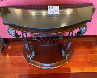 Lot 3206. $425.00  Apparently our homeowners have an affinity for demi-lune, half-moon console tables - because here is another great one; this with black granite top, iron legs and wood base (sofa table) 40"W x 18"D x 30"H.  This piece is one of our favorites. Unique and a perfect entryway/foyer table. The granite and metalwork is unique.