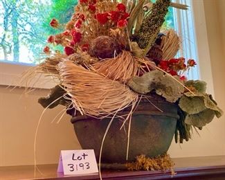 Lot 3193. $180.00 Whoa!  Stop the Train.   Here is an unusually beautiful Floral Design w/dried flowers and interesting faux fungi and grass in a heavy heavy bowl.  A definite one-of-a-kind conversation piece !	