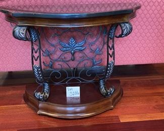 Lot 3206. $425.00  Apparently our homeowners have an affinity for demi-lune, half-moon console tables - because here is another great one; this with black granite top, iron legs and wood base.  40"W x 18"D x 30"H.  This piece is one of our favorites. Unique and a perfect entryway/foyer sofa/console table. 
