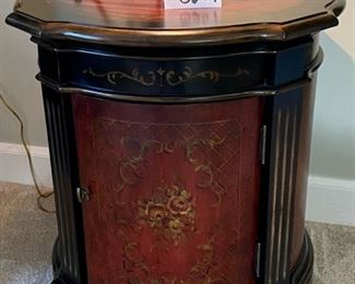 Lot 3207  $325.00 Drum Table w/ Floral Top  and Cabinet Door  25" x Diameter x 28" H	 - this is so striking!  Could use in any room of the house!