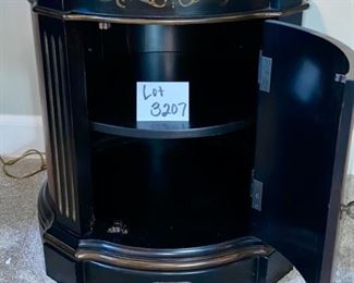 Lot 3207  $325.00 Drum Table w/ Floral Top  and Cabinet Door  25" x Diameter x 28" H	 - this is so striking!  Could use in any room of the house!l piece of furniture.  