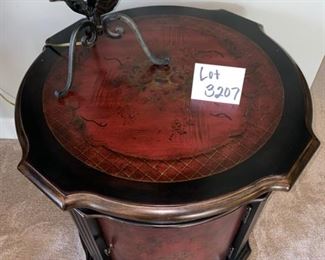 ot 3207  $325.00 Drum Table w/ Floral Top  and Cabinet Door  25" x Diameter x 28" H	 - this is so striking!  Could use in any room of the house!