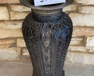 Lot 3196. $50.00 Metal Urn with an interesting basketweave design, oddly, the vase interior only goes down about 10" deep! 23"H  x 8" square base.  