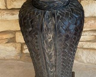 Lot 3196. $50.00 Metal Urn with an interesting basketweave design, oddly, the vase interior only goes down about 10" deep! 23"H  x 8" square base.  