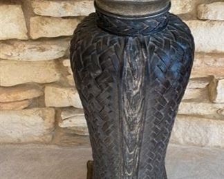 Lot 3196. $50.00 Metal Urn with an interesting basketweave design; oddly, the vase interior only goes down about 10" deep! 23"H  x 8" square base.  