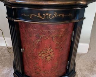 ot 3207  $325.00 Drum Table w/ Floral Top  and Cabinet Door  25" x Diameter x 28" H	 - this is so striking!  Could use in any room of the house!